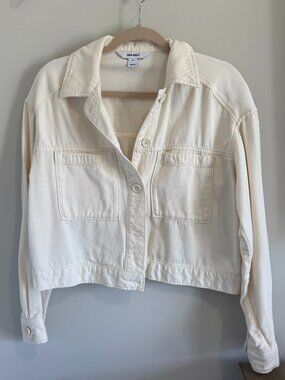 Old Navy Cropped Ecru Jean Utility Jacket Cream Denim Shacket Patch Pockets M